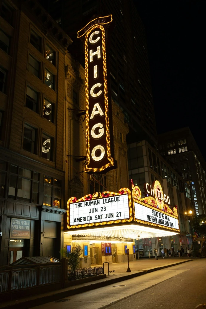 The iconic chicago theatre marquee illuminated at night